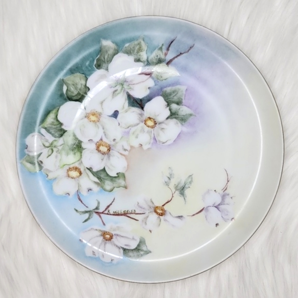 Vintage Signed K. Miller 1958 Hand Painted White Dogwood Flower Collection Plate